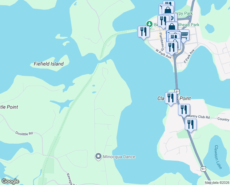 map of restaurants, bars, coffee shops, grocery stores, and more near 8250 Northern Road in Minocqua