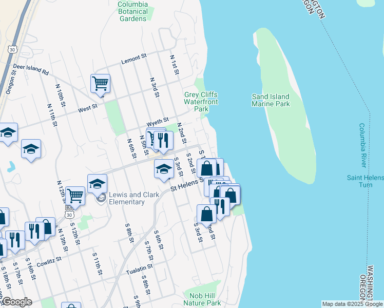map of restaurants, bars, coffee shops, grocery stores, and more near in St. Helens