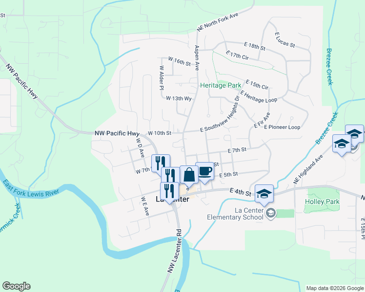 map of restaurants, bars, coffee shops, grocery stores, and more near 822 Aspen Avenue in La Center