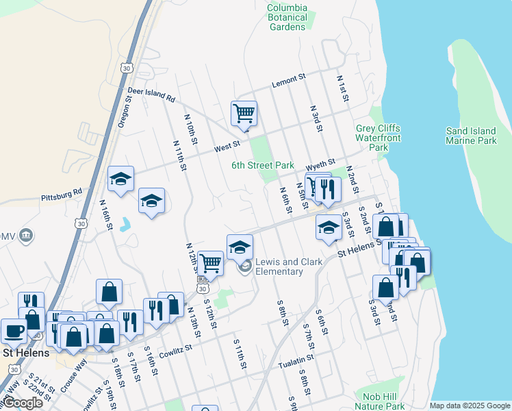 map of restaurants, bars, coffee shops, grocery stores, and more near 165 North 7th Street in St. Helens