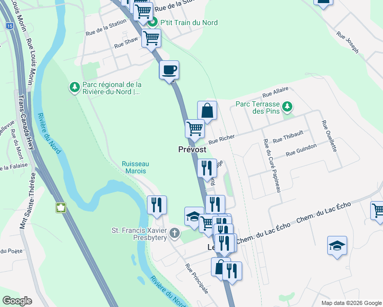 map of restaurants, bars, coffee shops, grocery stores, and more near 2980 Boulevard du Curé-Labelle in Prévost
