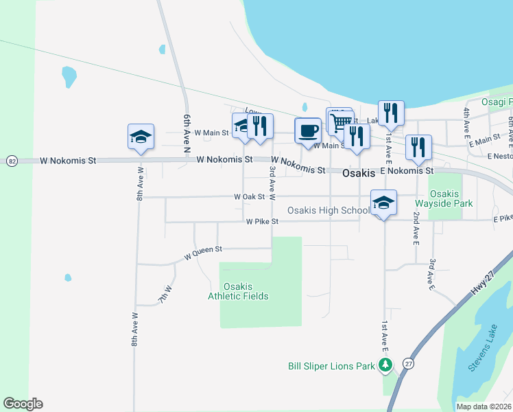 map of restaurants, bars, coffee shops, grocery stores, and more near 307 West Oak Street in Osakis