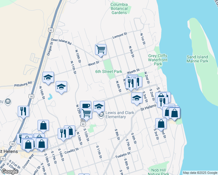 map of restaurants, bars, coffee shops, grocery stores, and more near 165 N 7th St in St Helens