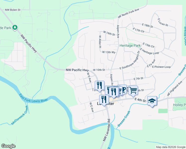 map of restaurants, bars, coffee shops, grocery stores, and more near 910 Pacific Highway in La Center