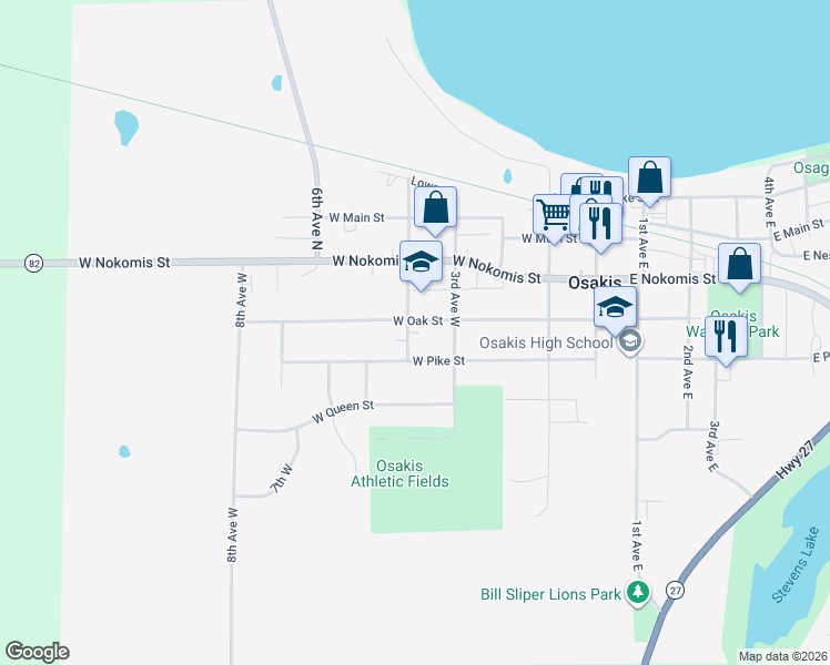 map of restaurants, bars, coffee shops, grocery stores, and more near 307 West Oak Street in Osakis