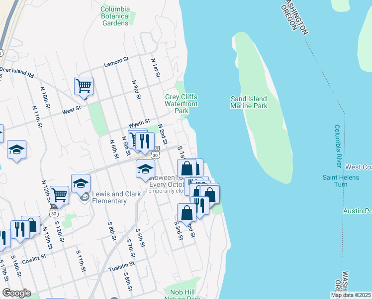 map of restaurants, bars, coffee shops, grocery stores, and more near 110 S 1st St in St Helens