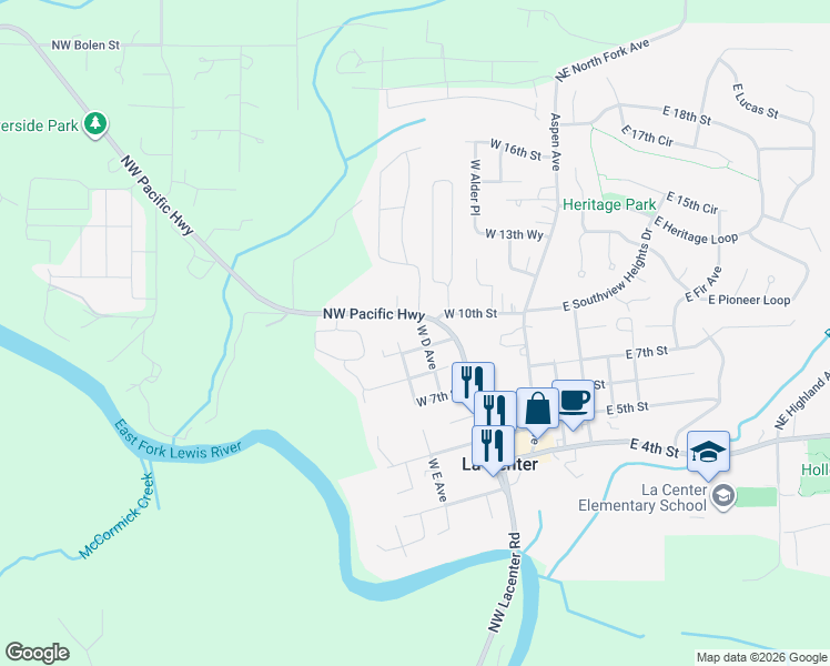 map of restaurants, bars, coffee shops, grocery stores, and more near 918 West D Avenue in La Center