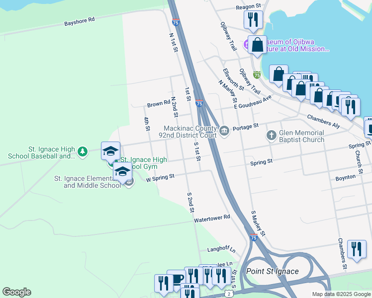 map of restaurants, bars, coffee shops, grocery stores, and more near 201-299 South 2nd Street in St. Ignace