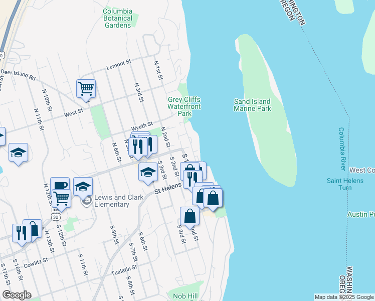 map of restaurants, bars, coffee shops, grocery stores, and more near 110 South 1st Street in St. Helens