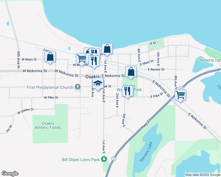 map of restaurants, bars, coffee shops, grocery stores, and more near 110 East Oak Street in Osakis