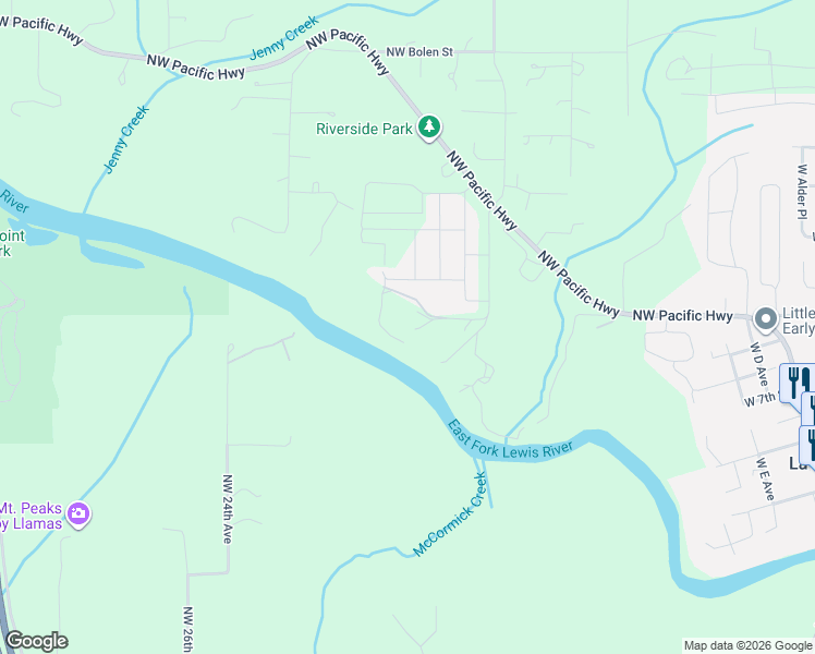 map of restaurants, bars, coffee shops, grocery stores, and more near 1513 Northwest 339th Street in La Center