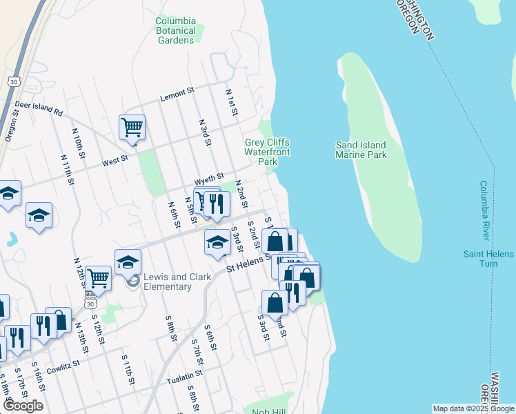 map of restaurants, bars, coffee shops, grocery stores, and more near 131 North 1st Street in Saint Helens