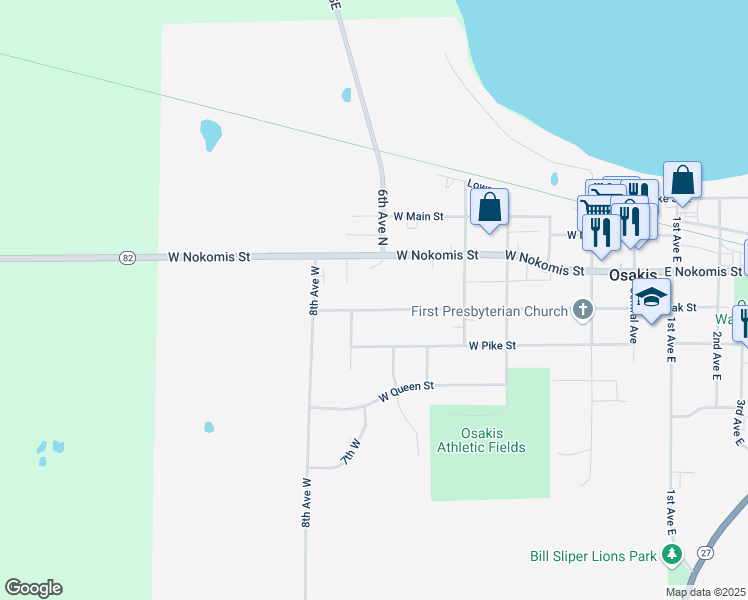 map of restaurants, bars, coffee shops, grocery stores, and more near 605 West Oak Street in Osakis