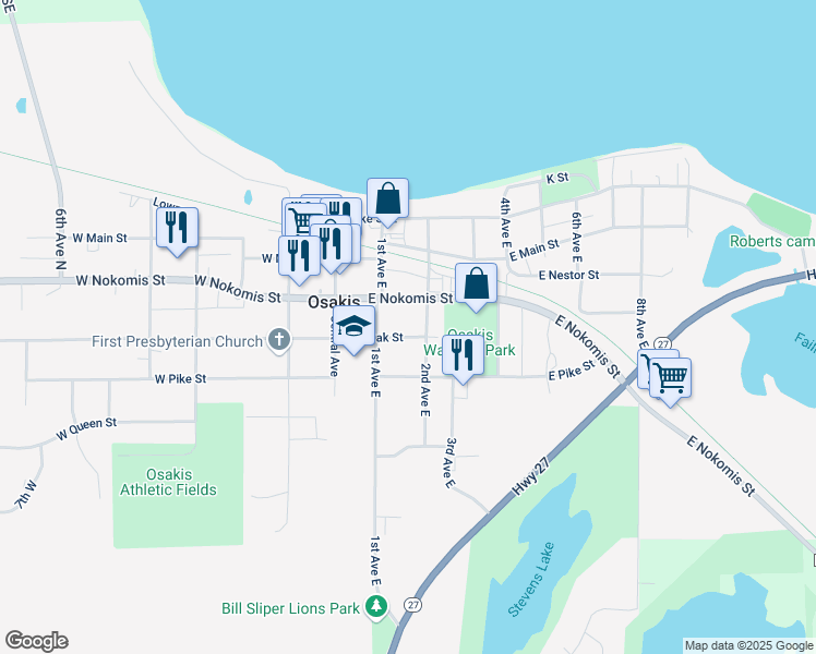 map of restaurants, bars, coffee shops, grocery stores, and more near 110 East Oak Street in Osakis