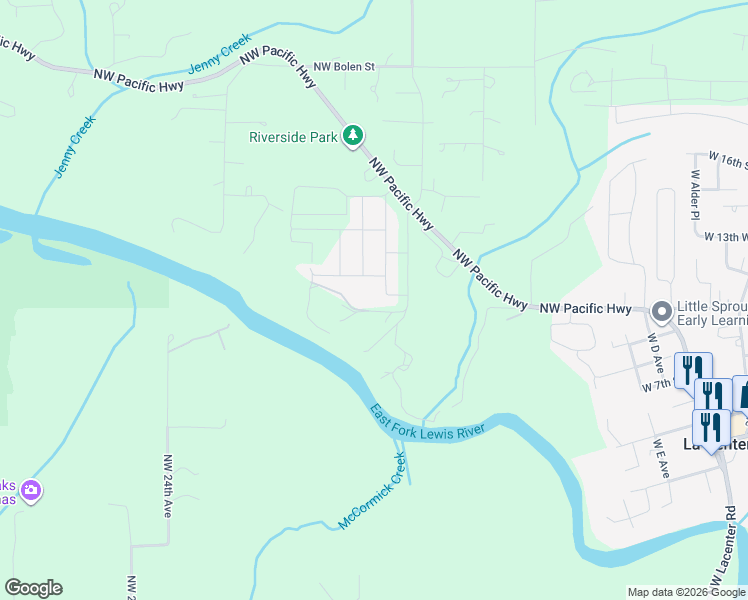 map of restaurants, bars, coffee shops, grocery stores, and more near 1506 Northwest 339th Street in La Center