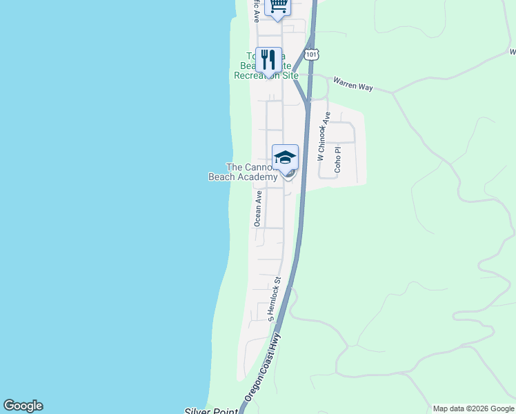 map of restaurants, bars, coffee shops, grocery stores, and more near Ocean Avenue in Cannon Beach
