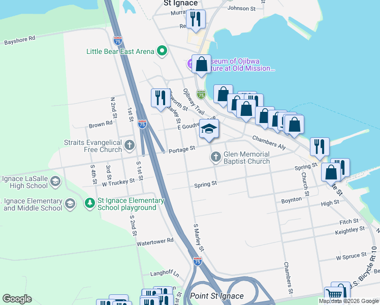 map of restaurants, bars, coffee shops, grocery stores, and more near 201-399 North Marley Street in Saint Ignace