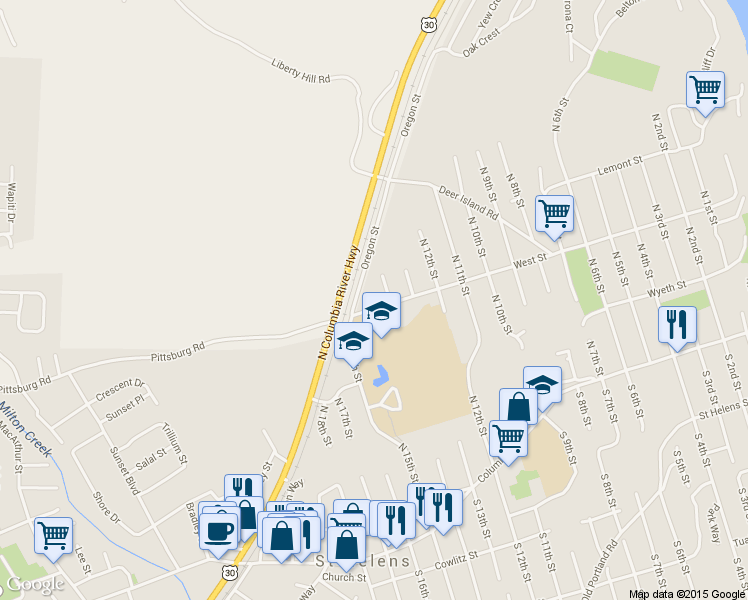 map of restaurants, bars, coffee shops, grocery stores, and more near 1460 West Street in St. Helens