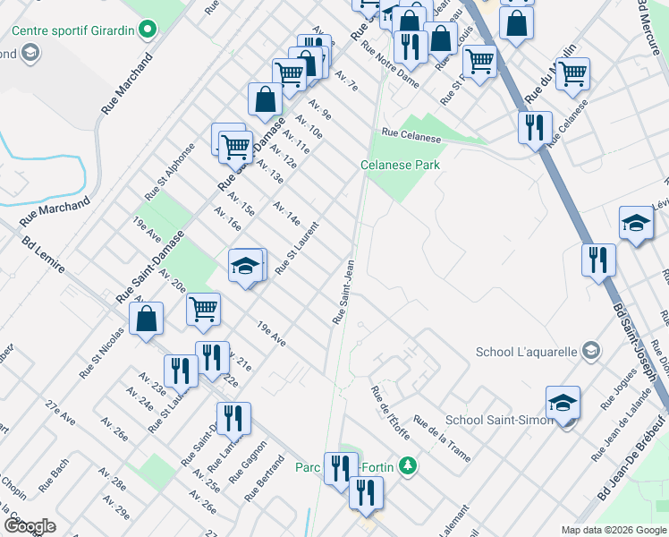 map of restaurants, bars, coffee shops, grocery stores, and more near 18 Rue Saint-Denis in Drummondville