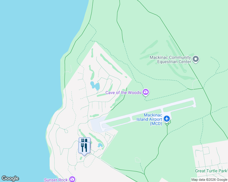 map of restaurants, bars, coffee shops, grocery stores, and more near 44 Ridge Road in Mackinac Island