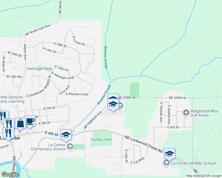 map of restaurants, bars, coffee shops, grocery stores, and more near 34102 Northeast 14th Avenue in La Center