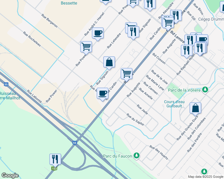 map of restaurants, bars, coffee shops, grocery stores, and more near 2525 Rue Cardin in Drummondville