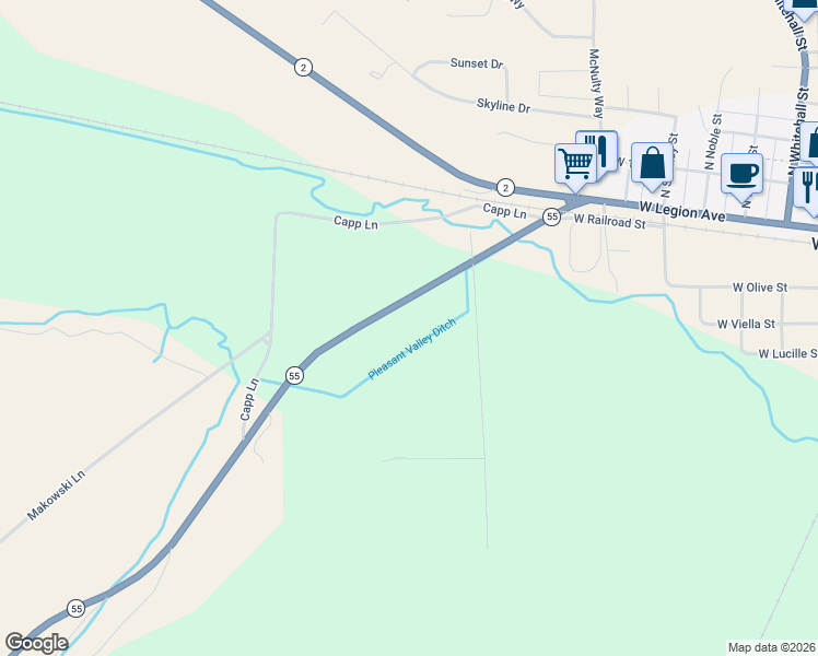 map of restaurants, bars, coffee shops, grocery stores, and more near 1166 Montana 55 in Whitehall