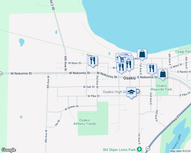 map of restaurants, bars, coffee shops, grocery stores, and more near 309 West Nokomis Street in Osakis