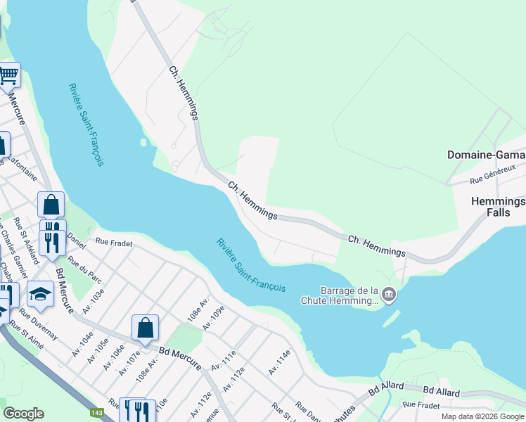 map of restaurants, bars, coffee shops, grocery stores, and more near 1060 Chemin Hemming in Drummondville