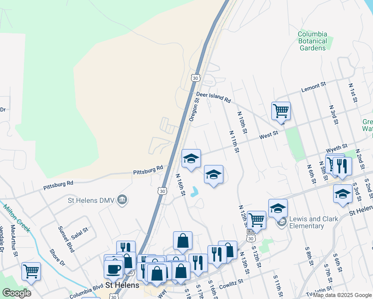map of restaurants, bars, coffee shops, grocery stores, and more near 1460 West Street in St. Helens