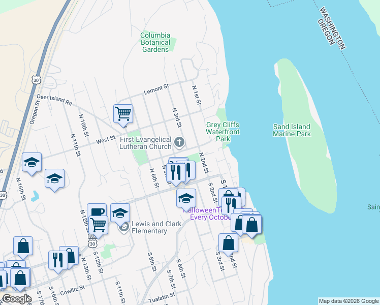 map of restaurants, bars, coffee shops, grocery stores, and more near 261 Wyeth Street in St. Helens