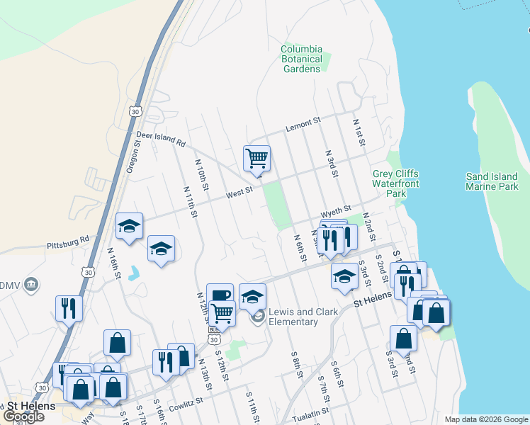map of restaurants, bars, coffee shops, grocery stores, and more near 215 North 6th Street in St. Helens