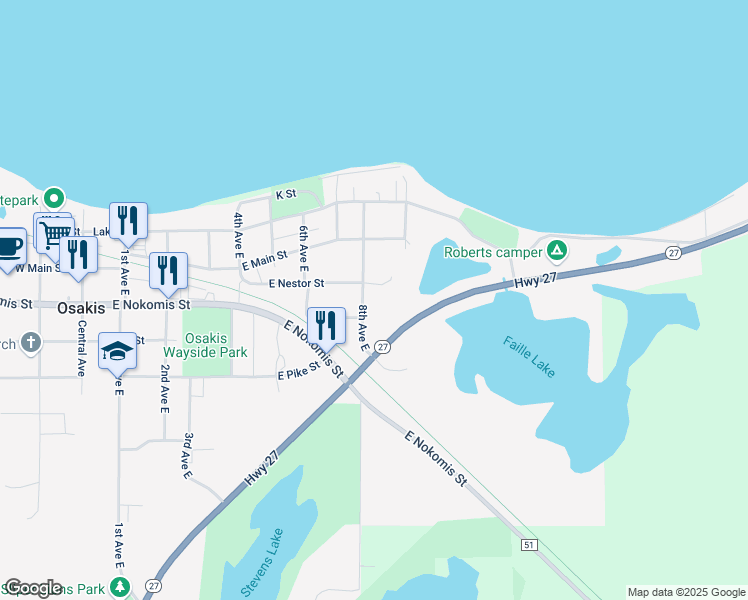 map of restaurants, bars, coffee shops, grocery stores, and more near 301 8th Avenue Northeast in Osakis