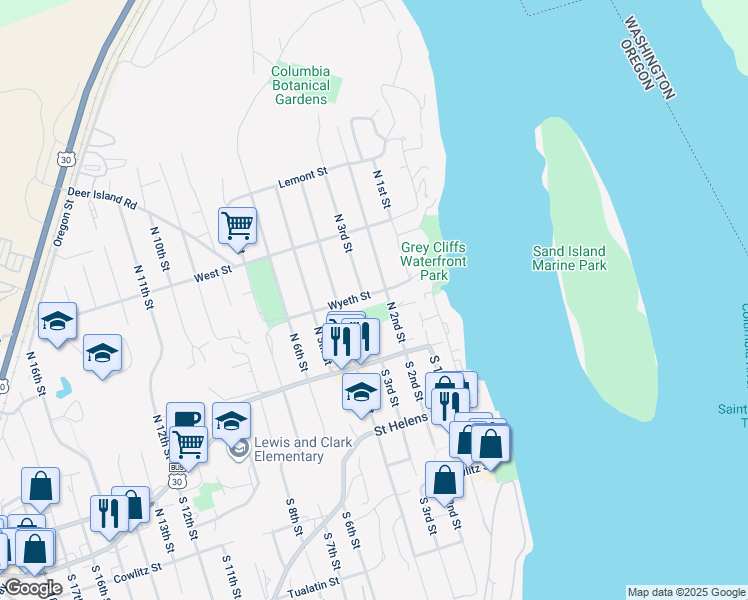 map of restaurants, bars, coffee shops, grocery stores, and more near 261 Wyeth St in St Helens