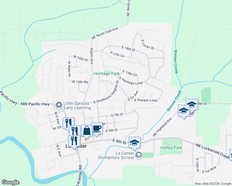 map of restaurants, bars, coffee shops, grocery stores, and more near 1241 East Southview Heights Drive in La Center