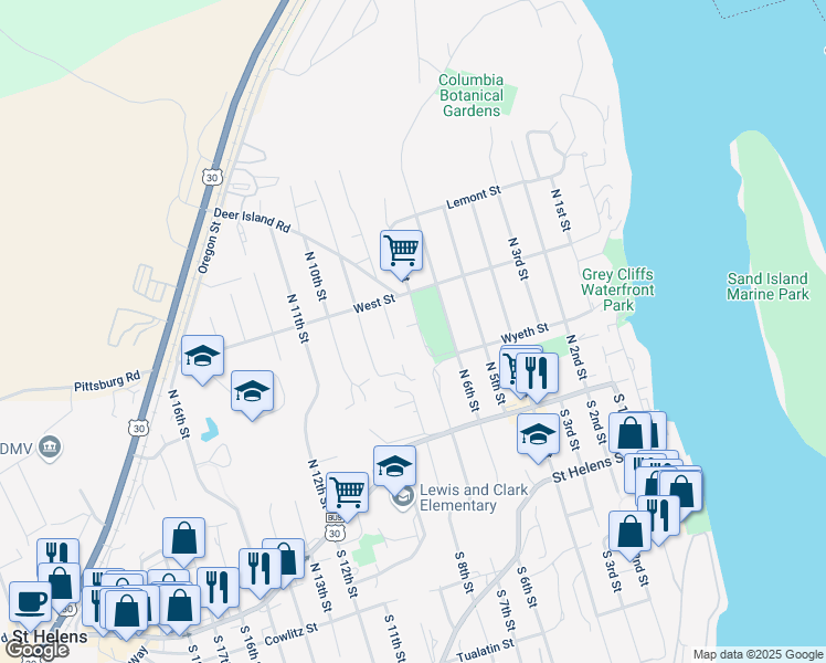 map of restaurants, bars, coffee shops, grocery stores, and more near 215 North 6th Street in St. Helens