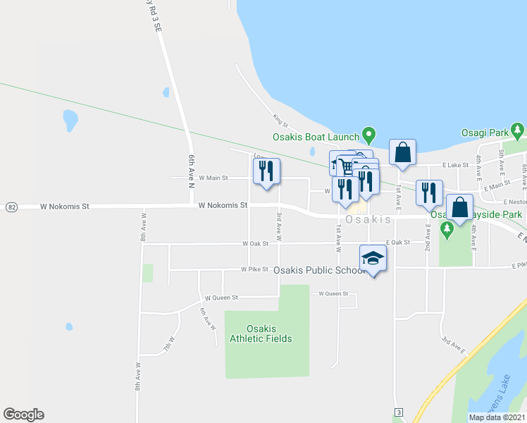map of restaurants, bars, coffee shops, grocery stores, and more near 309 West Nokomis Street in Osakis