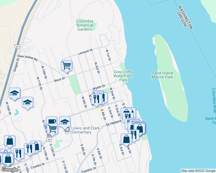 map of restaurants, bars, coffee shops, grocery stores, and more near 261 Wyeth Street in St. Helens