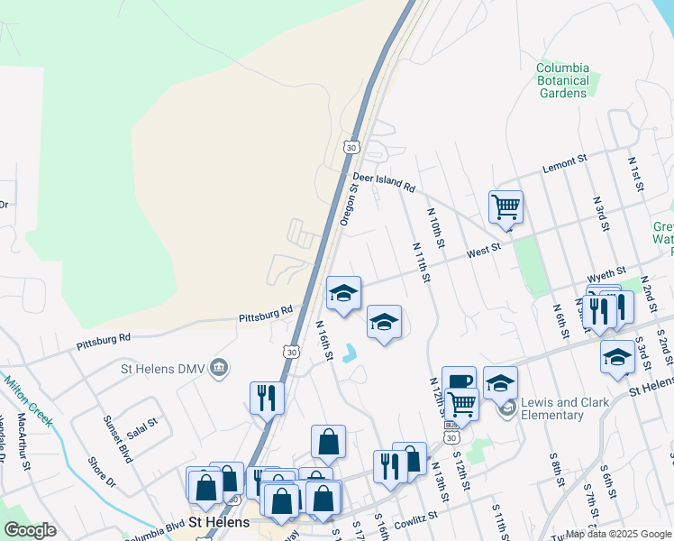 map of restaurants, bars, coffee shops, grocery stores, and more near 1460 West Street in St. Helens