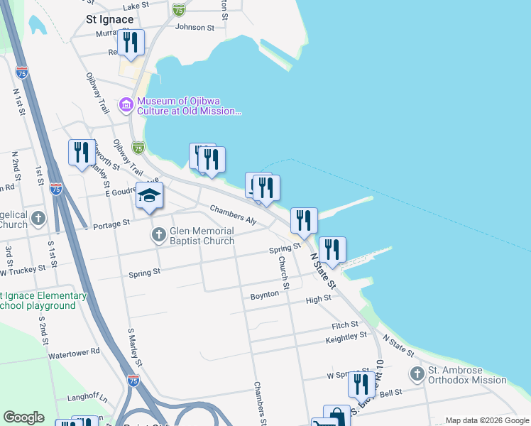 map of restaurants, bars, coffee shops, grocery stores, and more near 36 North State Street in Saint Ignace