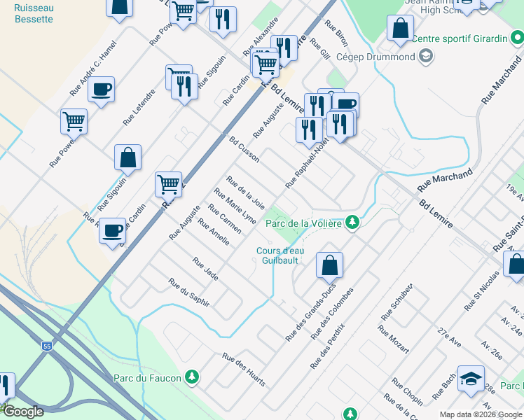 map of restaurants, bars, coffee shops, grocery stores, and more near 1575 Rue de la Joie in Drummondville