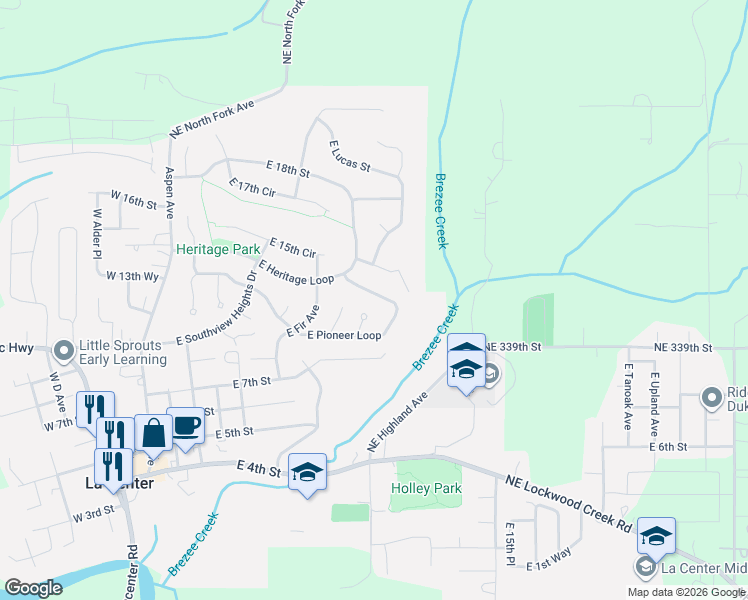 map of restaurants, bars, coffee shops, grocery stores, and more near 1209 East Pioneer Loop in La Center