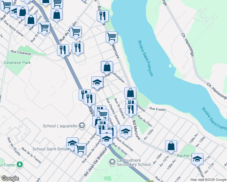 map of restaurants, bars, coffee shops, grocery stores, and more near 1083 Rue Saint Adélard in Drummondville