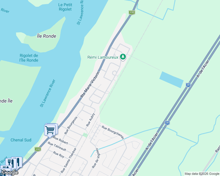 map of restaurants, bars, coffee shops, grocery stores, and more near 6047 Rue des Pluviers in Contrecoeur