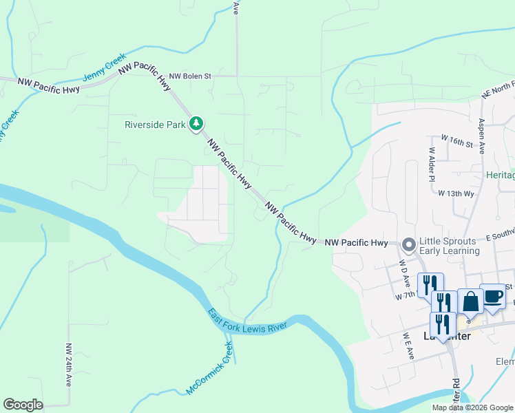 map of restaurants, bars, coffee shops, grocery stores, and more near 1445 West 13th Avenue in La Center