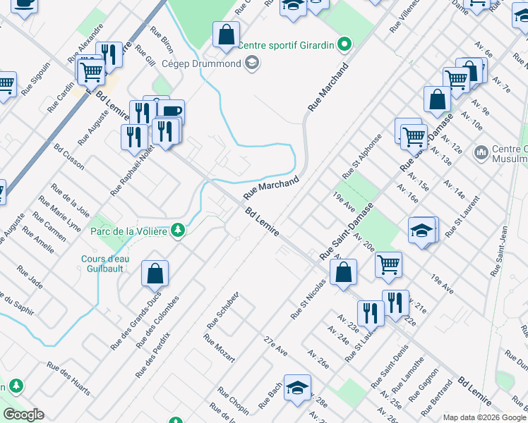 map of restaurants, bars, coffee shops, grocery stores, and more near 1400 Rue Marchand in Drummondville