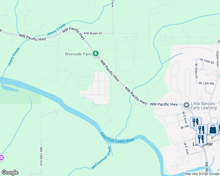 map of restaurants, bars, coffee shops, grocery stores, and more near 1445 West 13th Avenue in La Center