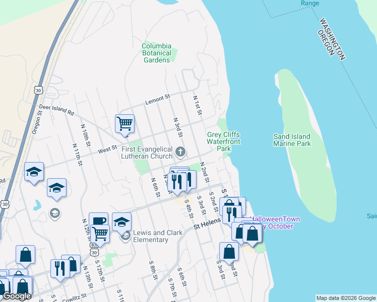 map of restaurants, bars, coffee shops, grocery stores, and more near 224 North 3rd Street in St. Helens