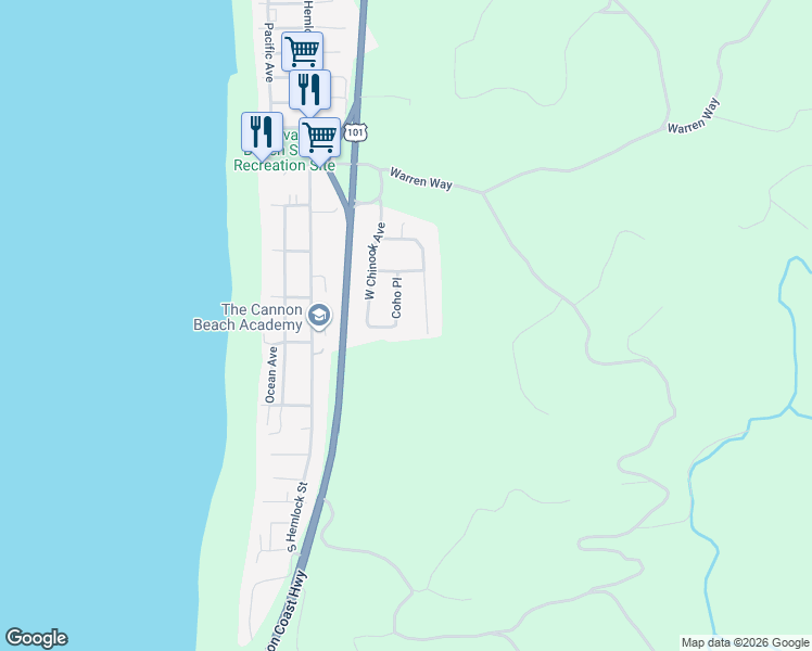 map of restaurants, bars, coffee shops, grocery stores, and more near 3756 East Chinook in Cannon Beach