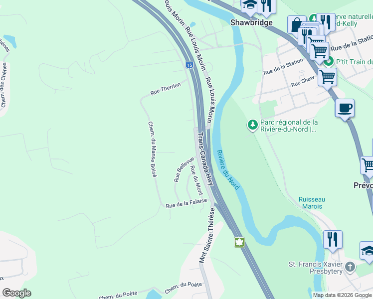 map of restaurants, bars, coffee shops, grocery stores, and more near 1175 Montée Sainte-Thérèse in Prévost